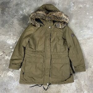 Eddie Bauer Hooded Parka Coat Women's Size Petite Large Green Faux Fur Jacket